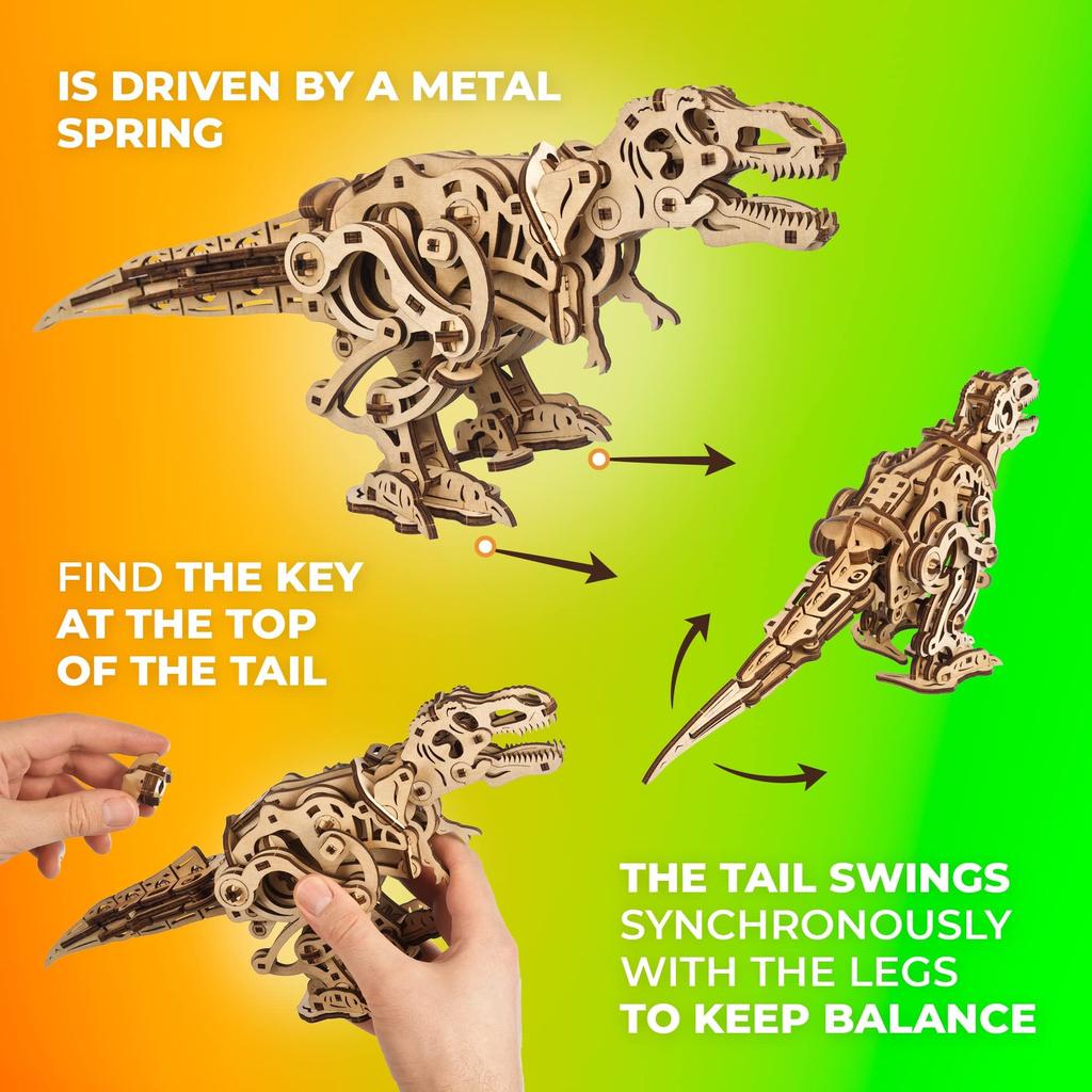 Ugears Tyrannosaurus Wooden Puzzle, Moving, No Glue or Tools Required, 3D Puzzle, Dinosaur Model, Adult, Wooden Assembly Kit, Advanced