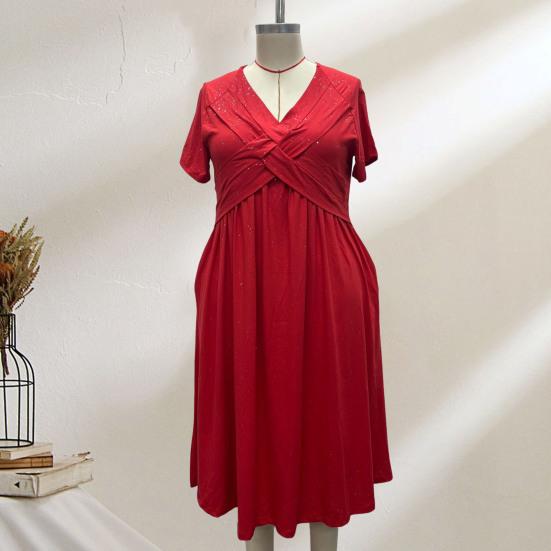 Glitter Sparkly Summer Dress for Women Twist Front V Neck Flowy Beach Sundress Short Sleeve A-line Swing Long Dress