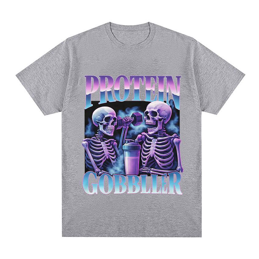 Protein Gobbler Gym TShirt Funny Skeleton Fitness Weightlifting Meme Graphic TShirt Unisex Women Fashion High Quality Cotton Tees