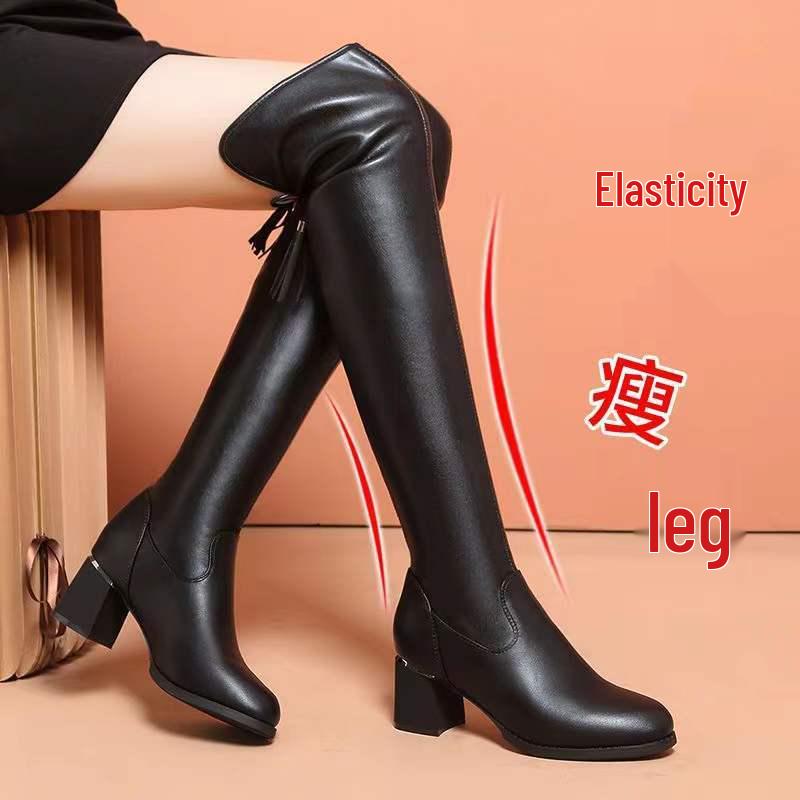 Damskie jesienno-zimowe 2025 skórzane kozaki za kolano z okrągłym noskiem, ocieplane polarem, na grubym obcasie, sięgające do uda, wyszczuplające