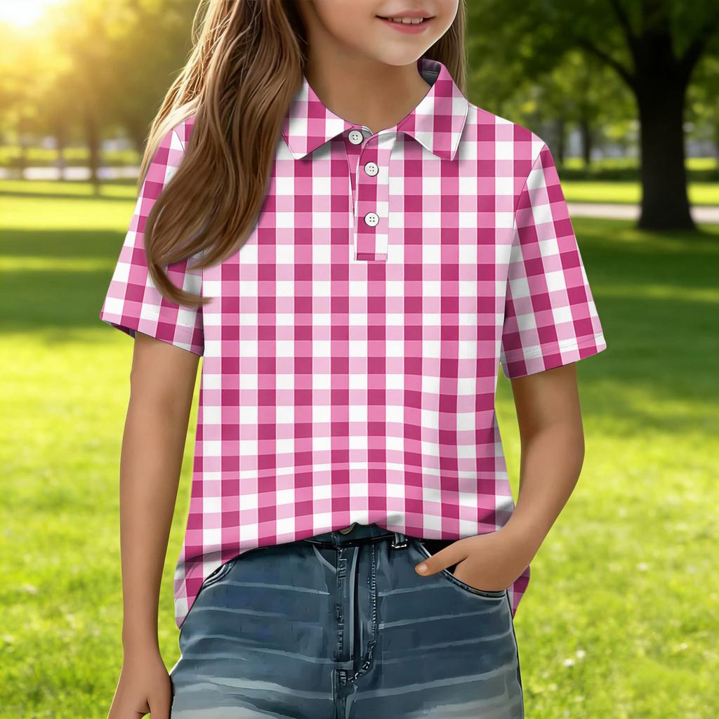 Short Sleeve Plaid Polo Shirt for Girls Classic Pattern Button Front Casual Blouse for Kids Teens