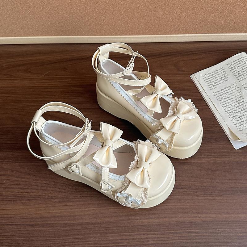 

Fashion Sweet Lolita Patent Leather Mary Jane Shoes Women 2025 Autumn Cute Bowknot Decoration Thick Bottom Shoes Y2K Ankle Strap Pumps 40 бежевый