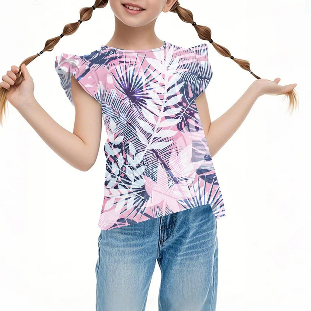 Children's Casual Short-Sleeved Pleated Cute Hawaiian Print Round-Neck Top