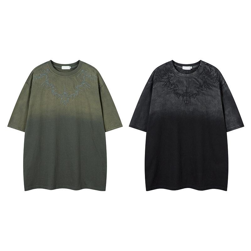 2025 Thorn Series Letter Embroidery Distressed Washed American Short-Sleeve T-Shirt Unisex Loose Trendy Hip-Hop Short Sleeve
