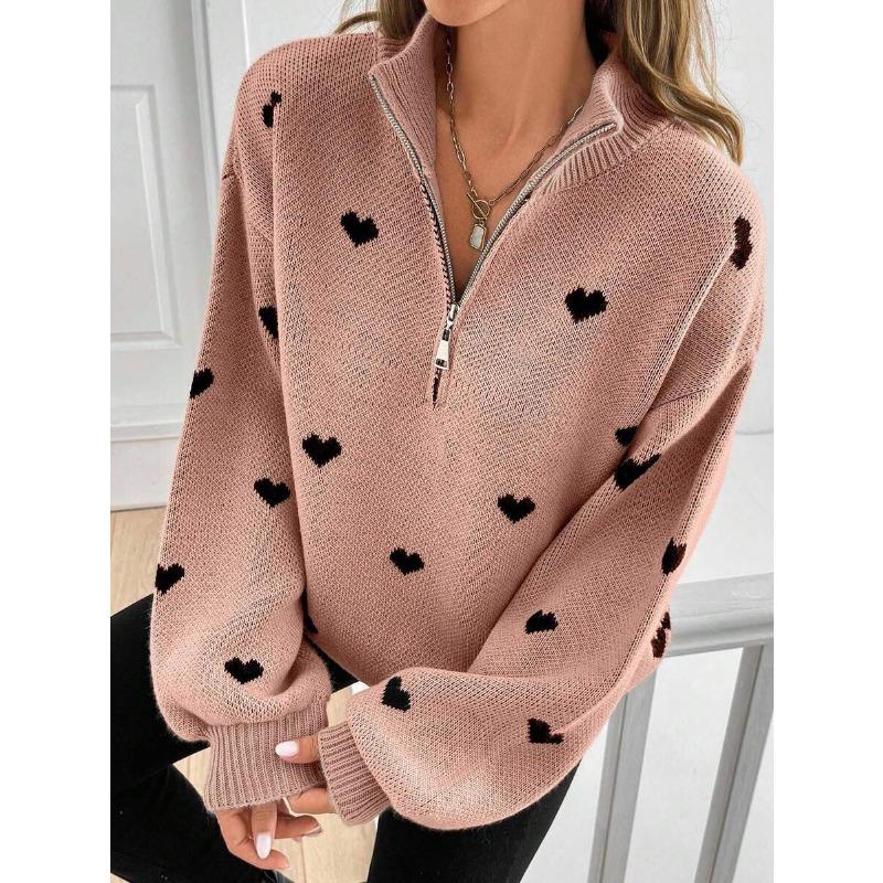 2026 Autumn Women's New European and American Knitted Long-sleeved Love Pattern Zipper Sweater