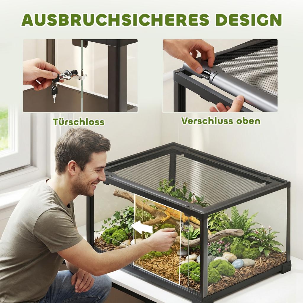 Terrario per Rettili, Vivario da 86 Litri con Porta Scorrevole, Chiusura a Chiave, per Lucertole, Insetti, Ragni, Geco, 60 x 45 x 32 cm, Nero