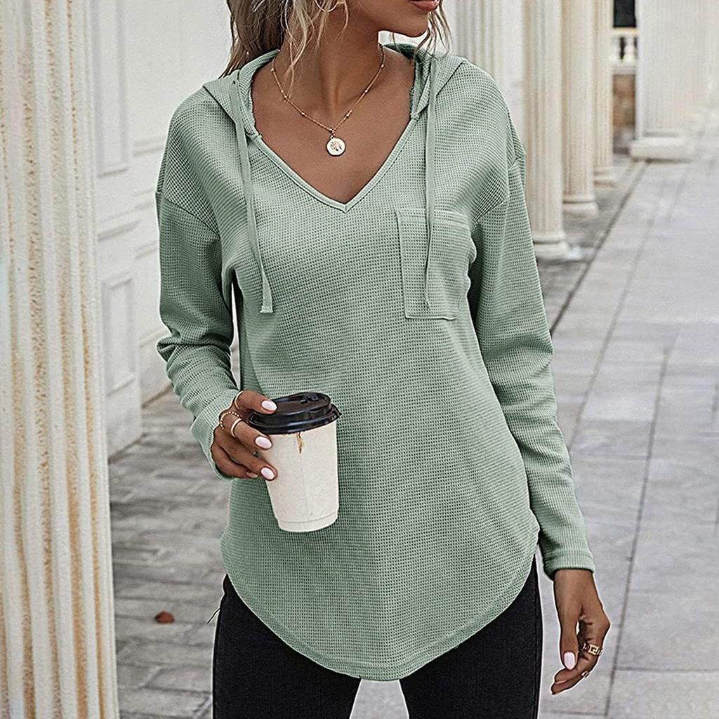 New Women's V-Neck Waffle Knit Hoodie, Drawstring Pocket Pullover with Long Sleeves, Casual & Sporty Lounge Top for Daily Wear