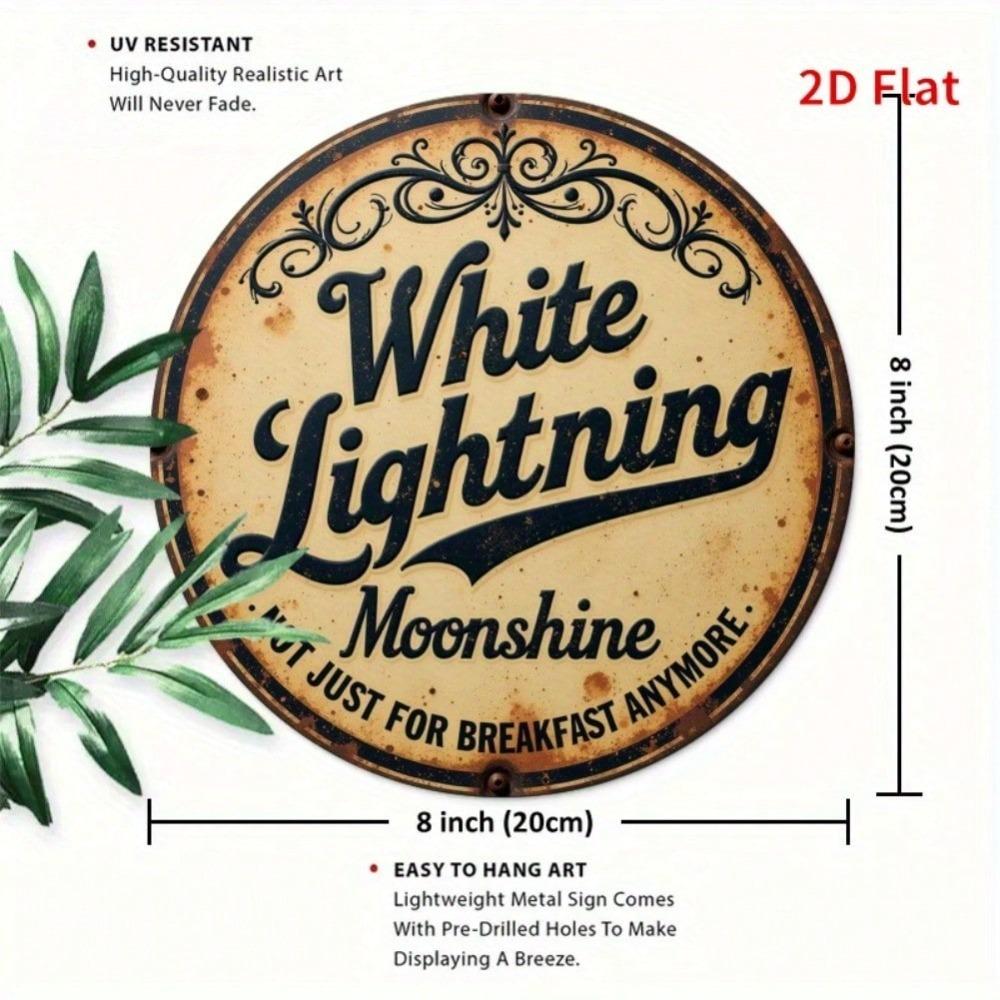 Iron Metal Wall Art White Lightning Moonshine Moon Sign 8 Inch Round Vintage Rustic Home Decor Gift For Porch Living Room Bedroom Office Halloween