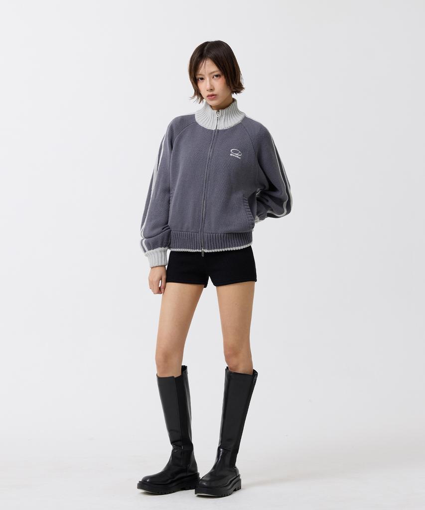 ODDSTUDIO Sporty Track Semi-Crop Knit Zip-Up - Gray