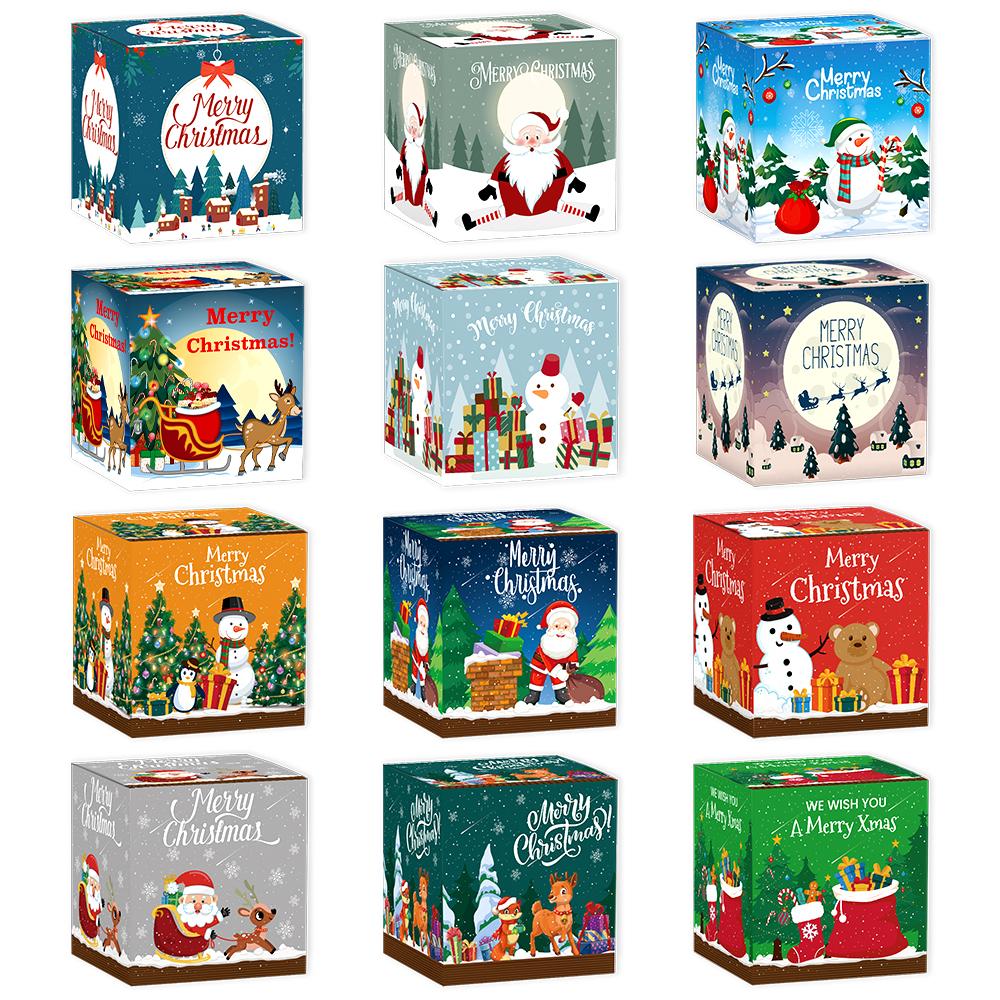 12pcs New Christmas Candy Box Merry Christmas Gift Packing Box Kraft Paper Candy Cookies Snack Boxes for Xmas New Year Party