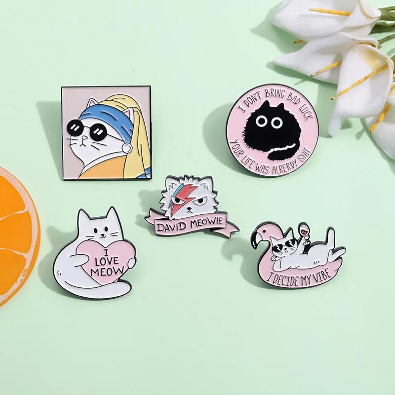 I Love Meow Enamel Pins Custom Oil Painting David Meowie Good Vibe Brooches Lapel Badges Cartoon Animal Fun Jewelry Gift Friends