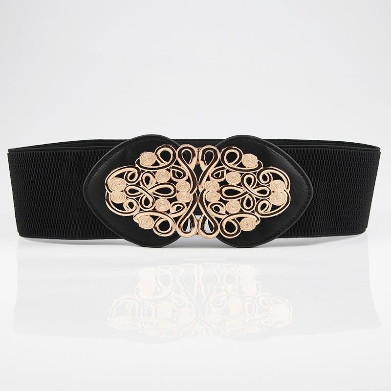 Retro Hollow Floral Decoration Wide Waist Belt With Alloy Buckle For Ladies Fashion