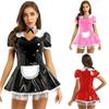 Women's French Maid Cosplay Costume Outfits Shiny Patent Leather Dress and Neck Ring