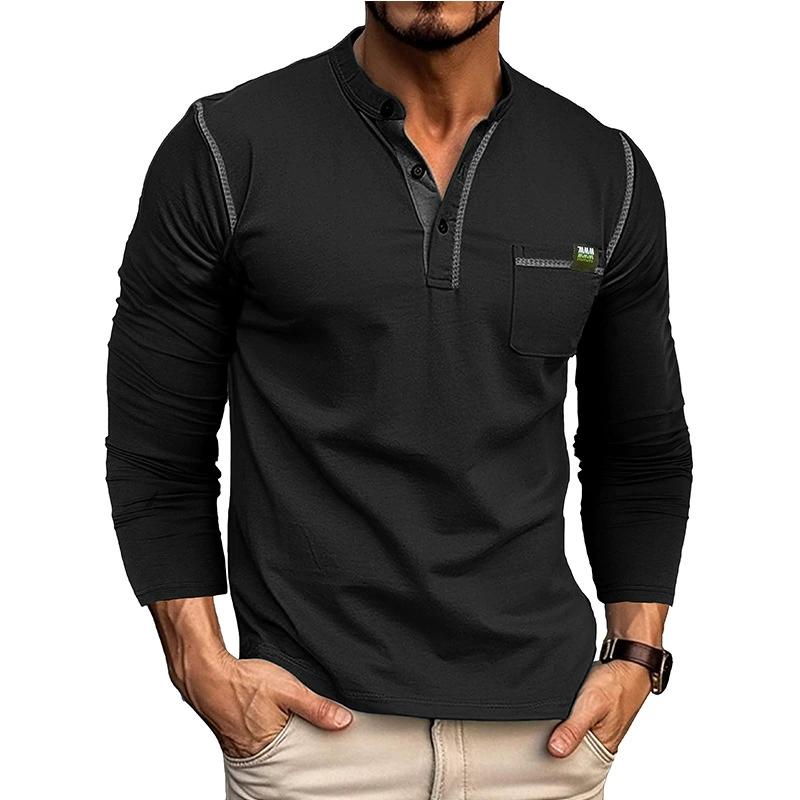 Men’s Long Sleeves Henley Shirts Cotton Pullovers Color Matching Knitted T-shirt Buttons Round Neck Breast-pocket Tops Stylish Daily Casual Menswear