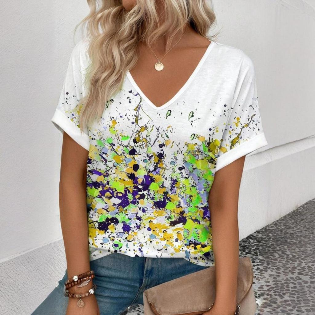 Blumen T-Shirt Damen Kurzarm Sommer Outdoor Freizeit V-Ausschnitt Oberteil 3D Blumenmuster Übergröße Damenbekleidung