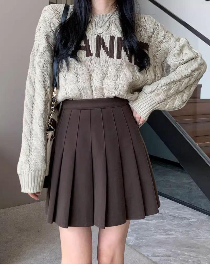 Women's Plus Size Khaki Wool Pleated A-Line Skirt - High Waist, Short Length, Ideal for Spring and Autumn