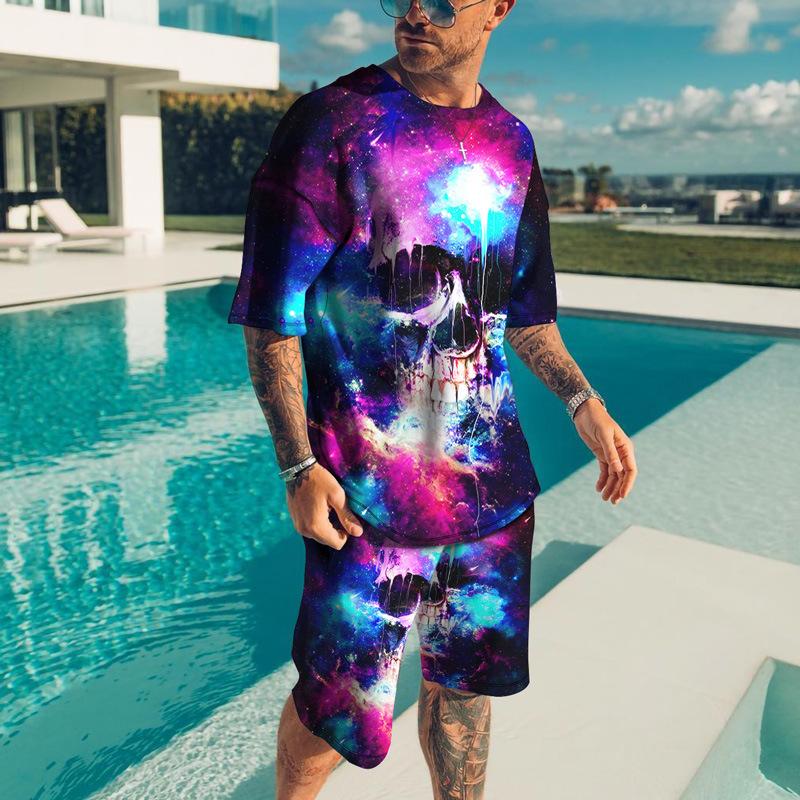 Men's Summer 3D Skull Leisure Set Fashionable Comfortable Loose Color Blocked Printed Sport Wear