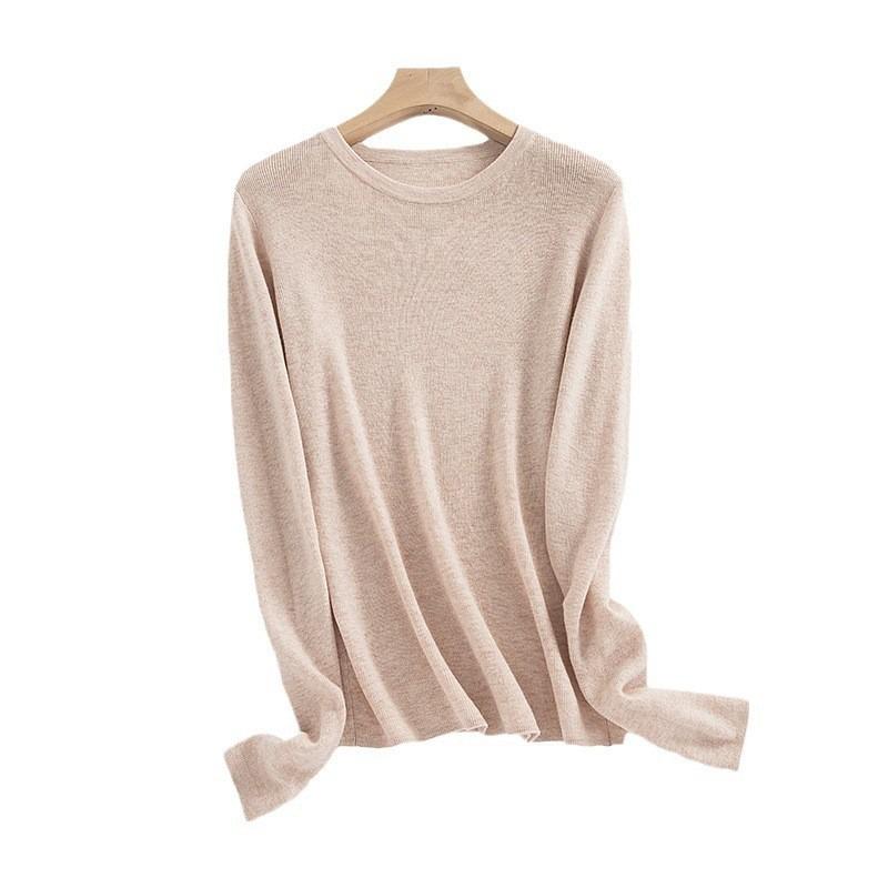 Crew Neck Long Sleeve Pullover 0 Pure Wool Knitted Sweater Female Slim and Thin Casual Versatile Sweater Thin