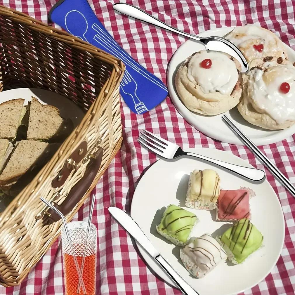 7pcs/ Set Stainless Steel Tableware Set Outdoor Portable Cloth Bag Knife Fork Spoon Chopsticks Straw Rich Flowers Seven Sets