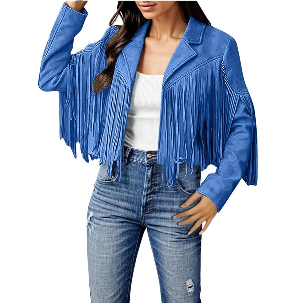 Women Faux Suede Leather Tassel Jackets - Vintage Lapel Open Front Cowboy Style Long Sleeve Tassels Cardigan Coat Tops