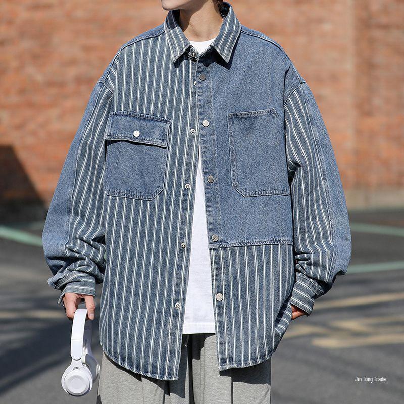 Herrjacka Vår/Höst Randig Lapptäcke Denimjacka - Trendig, Cool, Lös Passform, Tvättad Arbetskläder i Amerikansk Hong Kong-stil.