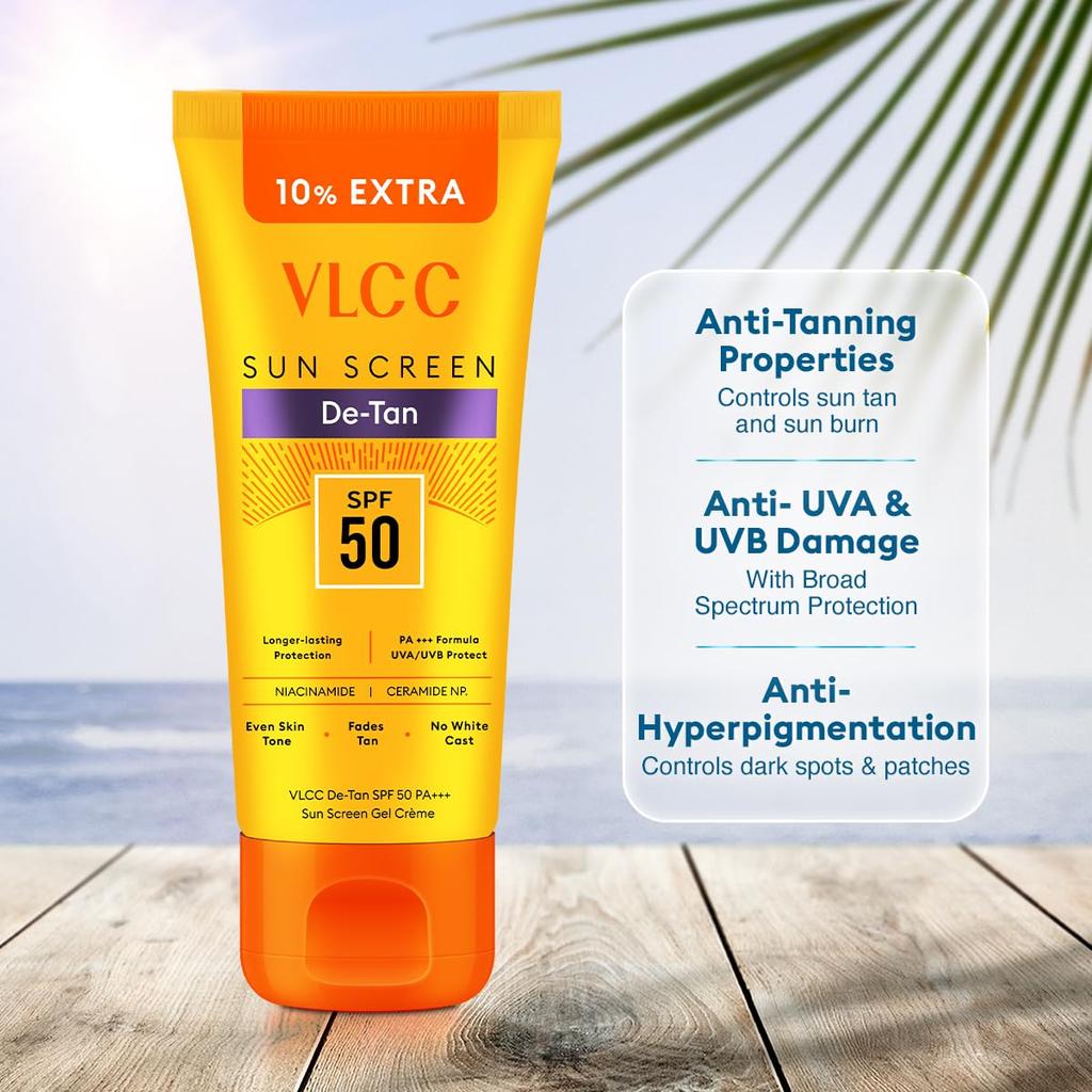 VLCC De-Tan SPF 50 PA+++ Sunscreen Gel Creme 110 g For Daily Sun Protection And Even Tone With Lightweight Feel