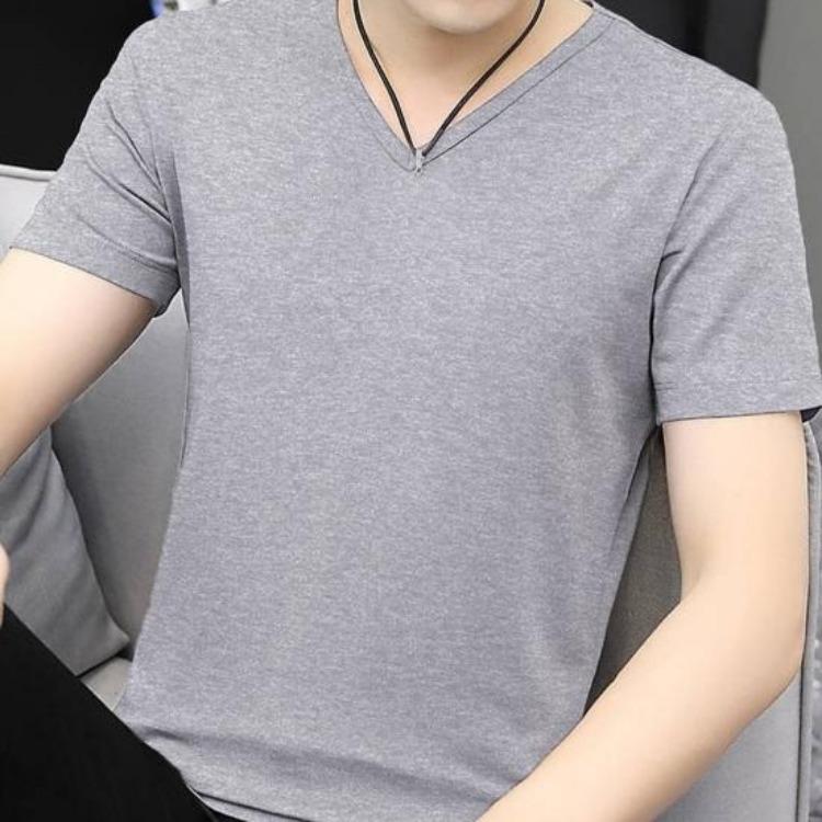 Slim Fit V Neck Casual Men T-shirt Short Sleeve Pullover Solid Color Ice Silk Youthful Style Daily Wear