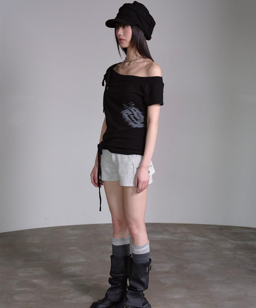 PRENDA Corset Detail One-Off-Shoulder Short Sleeve Black