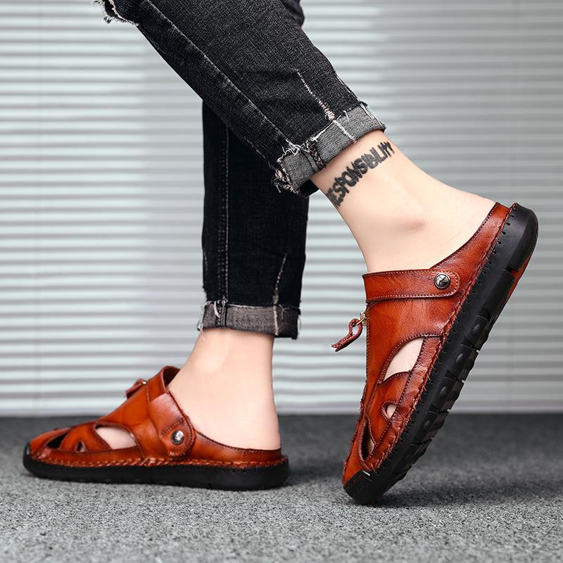 Men's Handmade Stitching Men's Black Sandals Two Wearing Slippers Summer Outdoor Male Footwear Firm Original Beach Men Slippers