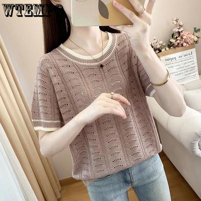 Ice Silk Knitted Short Sleeve T-shirt for Women Summer Round Neck Base Shirt Loose Half Sleeved Top