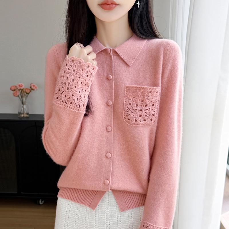 Elegant Wool Sweater: Women's Hollow-Stitch Long Sleeve Lapel Knitwear for Autumn and Winter