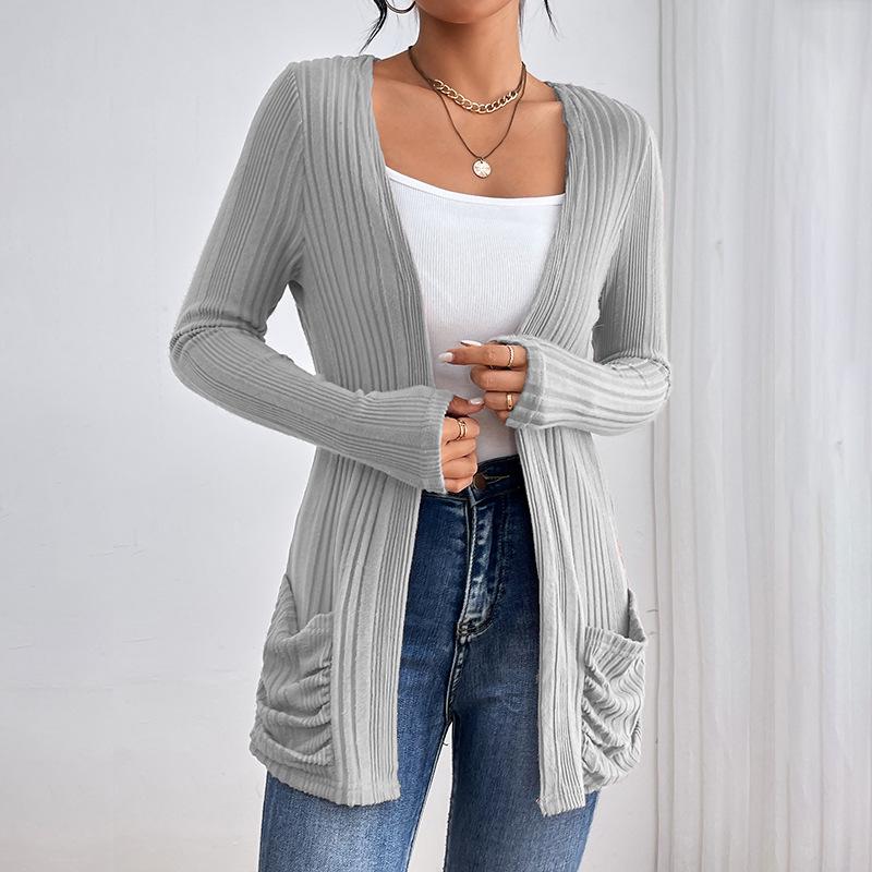 European and American Solid Long-Sleeve Mid-Length Knitted Cardigan with Pockets - Autumn/Winter Sweater