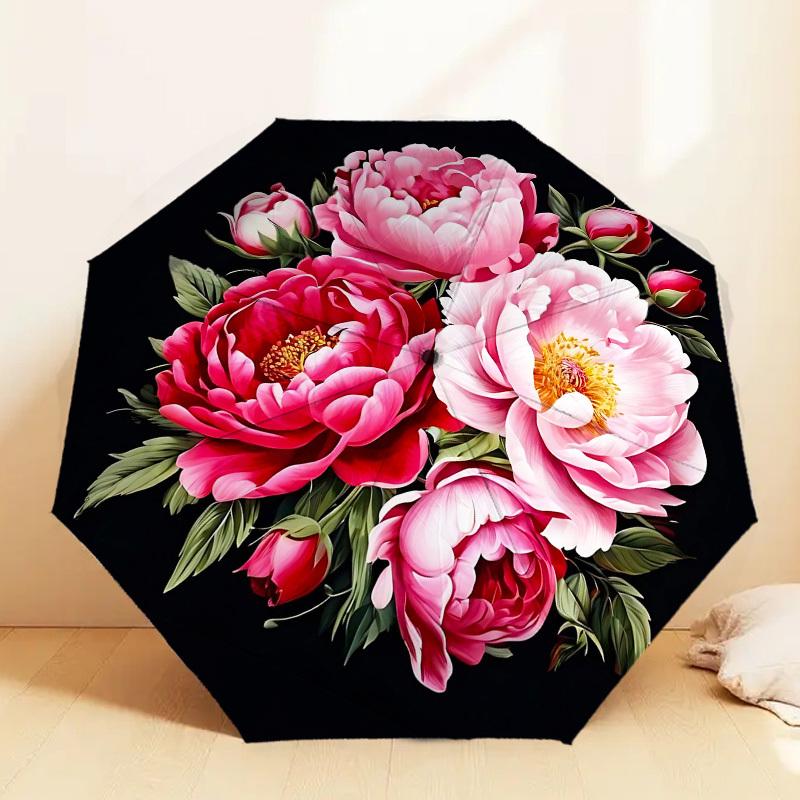 1pc Peony Flowers Automatic Folding Umbrella 8 Rib Iron Frame, Compact Portable Umbrella Suitable for Travel, Daily Use, Birthday, Women & Men Gift c