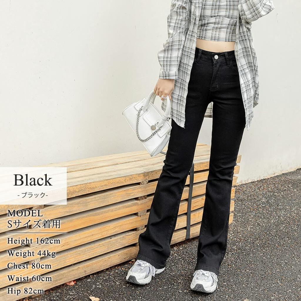 Teddy Streetwear Flare Denim Pants 459 Women's Jeans, Stretch, Lightweight, High-Waisted, Spring, Summer, Fall, (L, Black)