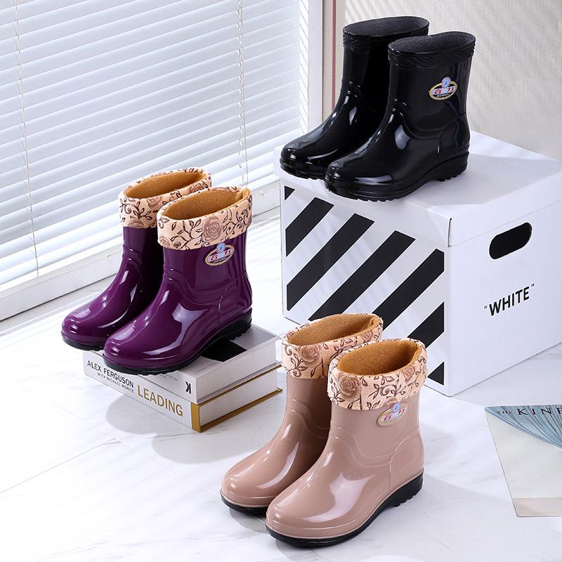 Women's Mid-Calf Fleece-Lined Non-Slip Rain Boots - Warm, Fashionable, Wear-Resistant Rubber Water Shoes