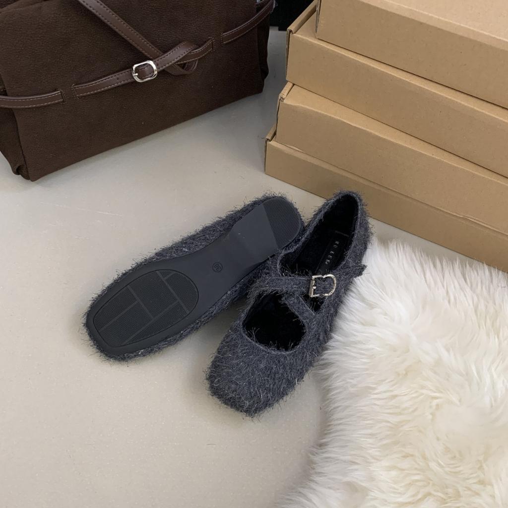 2025 Autumn and Winter New Round Head Woolen Wool Velvet Inner Slope Heel One Word Buckle Shallow Mouth Ballet Commuter Women's Shoes