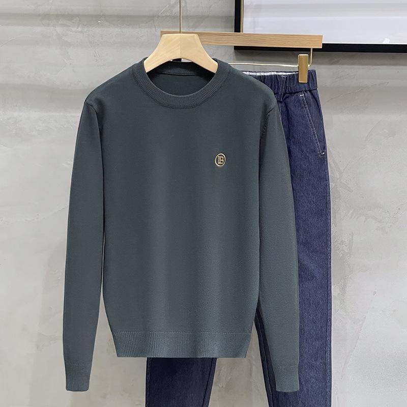 Men's Korean Style Slim Fit Round Neck Thick Knit Sweater - Warm Long Sleeve Base Layer for Spring and Autumn