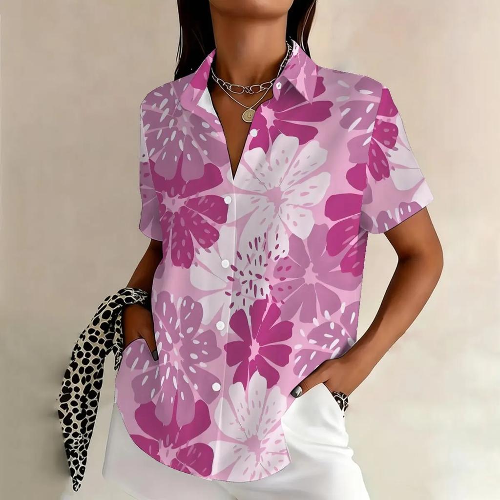 Blumenprint Retro Damen Kurzarmhemden Damen Revers Einreiher Kurzarmblusen Lässige Tägliche Damen Lockere Oberteile