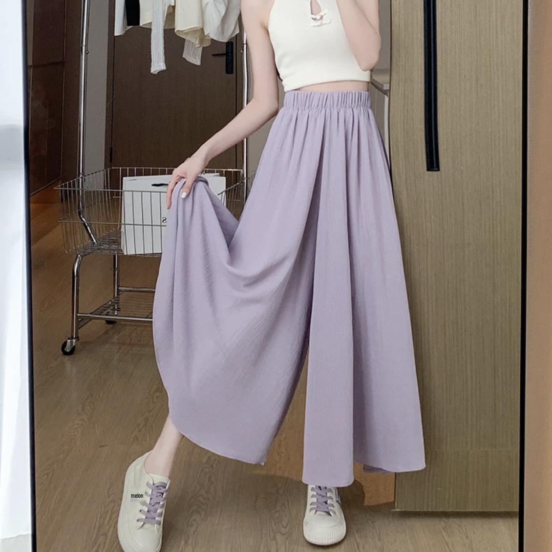 

2025 Women s Ice Silk A-line Midi Skirt Pants: High Waist, Slimming, Casual Wide-Leg with Large Swing for Summer. One Size [40-70 kg] світло-фіолетового кольору