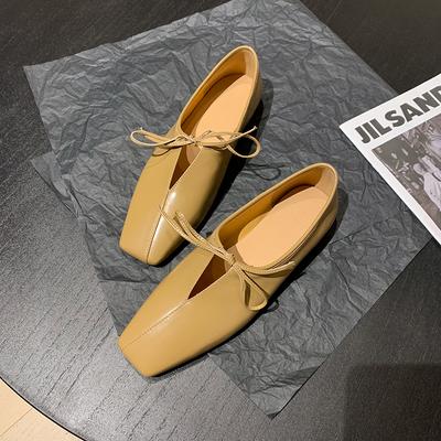 Fashion 2025 New Women Casual Flats Shoes Real Leather Cute Bow Lace Up Low Heels Shoes Vintage Square Toe Daily Office Dress Size 34-40