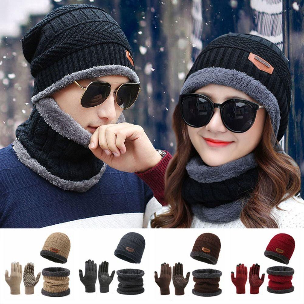 Knitted Thermal Knitted Gloves Winter Warm Wool Hat Glove Hat Scarf Set  Outdoor Activities