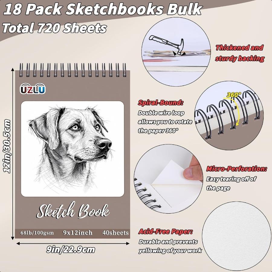 

18 шт. Скетчбук оптом 9 x 12 дюймов Блокнот для рисования Спиральное крепление сверху Скетчбук 720 листов 68 фунтов 100 г/м² Плотная бумага Не содержит кислоты Mi United States