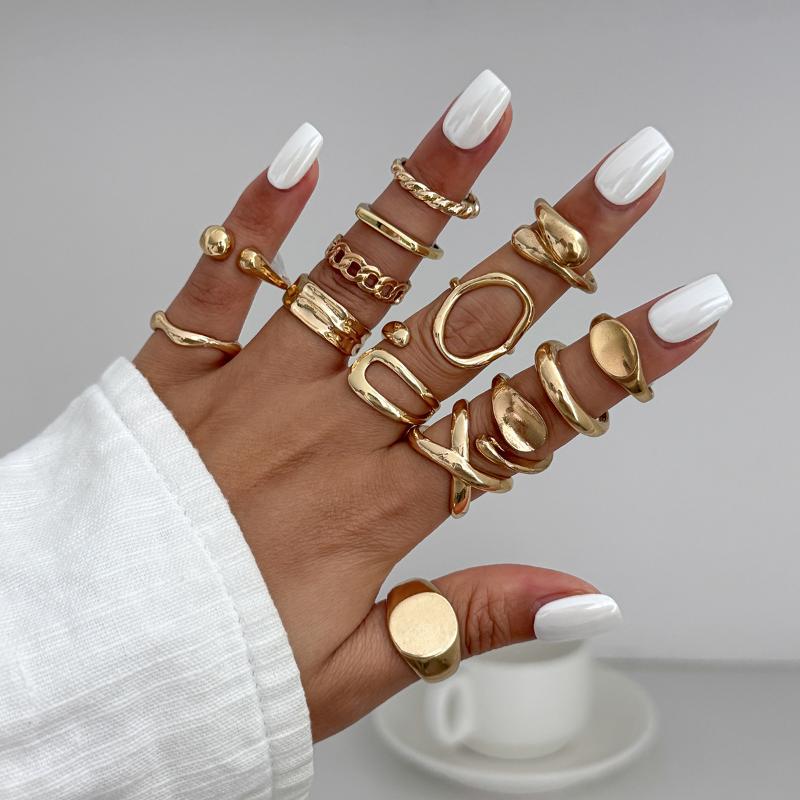 1Set Irregular Glossy Metal Open Rings For Women Vintage Punk Gold Silver Color Personality Finger Ring Female Jewelry