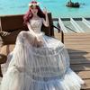 Seaside Vacation Huge Good-looking Lace Splicing Mesh Neck Backless Dress Female Summer White Fairy Dress