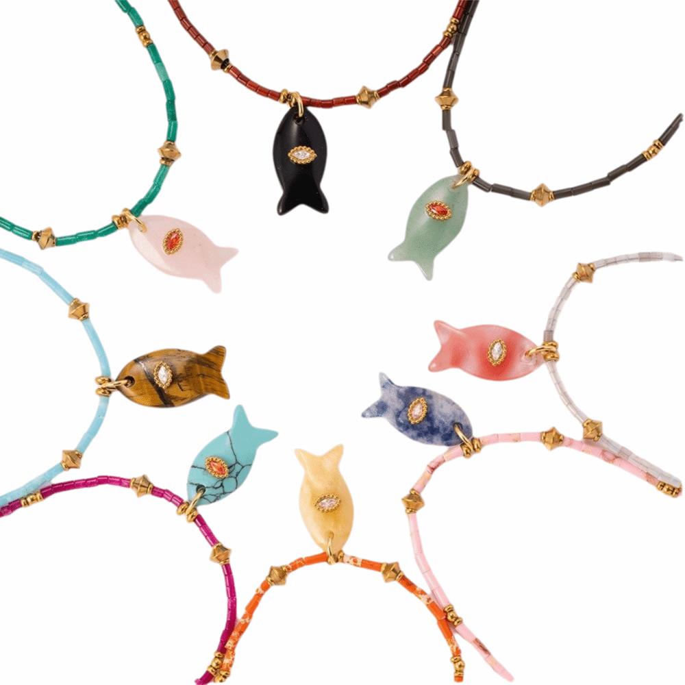 Cylinder Stone Bead Fish Pendant Necklace Colorful Choker Necklace Ocean Style Necklace  Summer