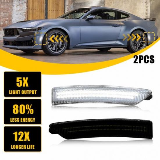 2x LED Marker Side Front Light White Lamp for Ford Mustang 2024-2025 Smoked Lens
