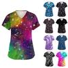 Women's V-neck Cartoon Printed Short-sleeved Pocket Side-slit Protective Suit Top