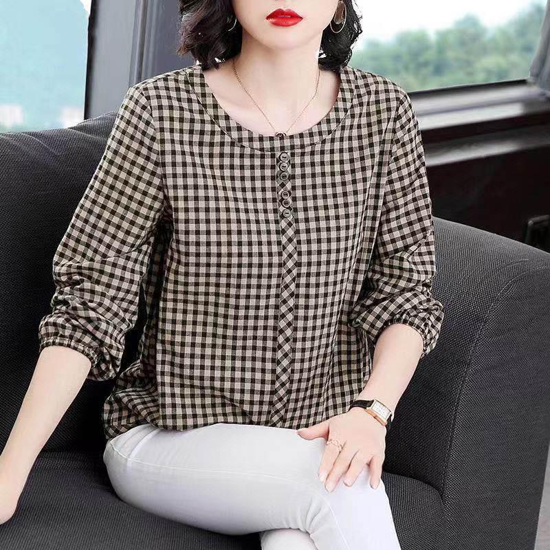 Baumwoll-T-Shirt Große Größen Langarm-Oberteil Damen Bequemes, weiches Hemd Lockeres Kariertes Hemd Lässiges Alltagsoberteil