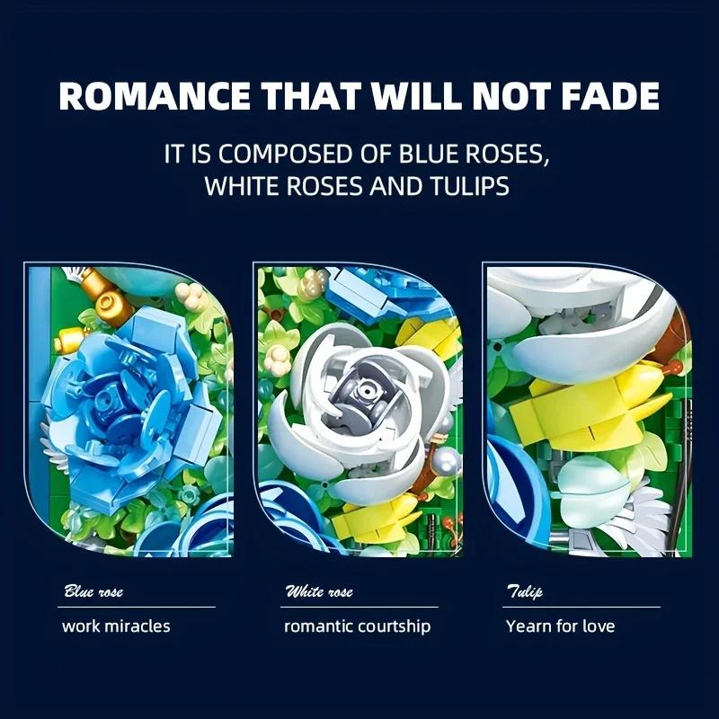 651PCS Preserved Flower Photo Frame Building Blocks Blue White Rose 3D Puzzle Toy DIY Model Bricks Flower Kids Holiday Gifts