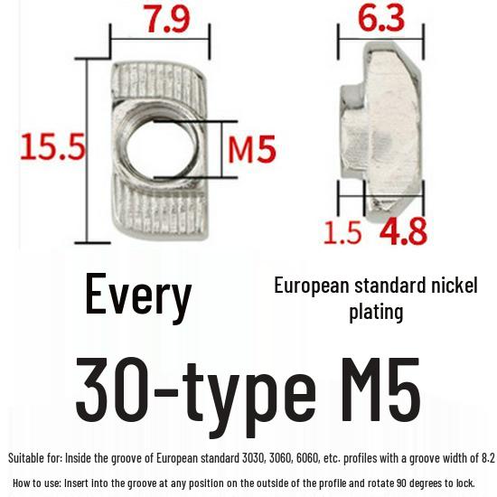 European Standard T-Nut - Rear-Mounted T-Shaped Hammer Head for Aluminum Profile (M4, M5, M6, M8) 20/30/40/45.